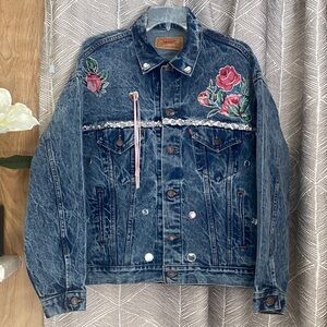 Levi's Blue Denim Jacket with Pink Floral Embroidery